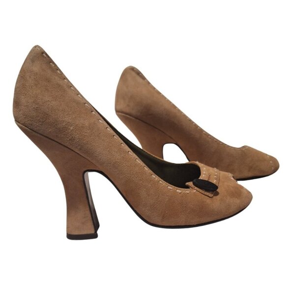 Vintage Colin Stuart Brown Suede Peep Toe Heels 7.5 Chunky Office Retro Academia - Picture 2 of 11